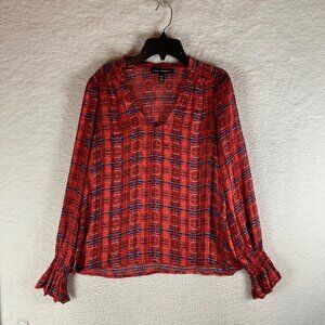 AQUA x Pendleton Womens Long Sleeve Smocked V-Neck Red Casual Blouse Size S 9740